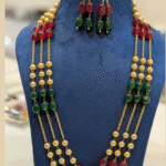 Triple Layer Gold Chain and Pink/Green Beaded Necklace Set