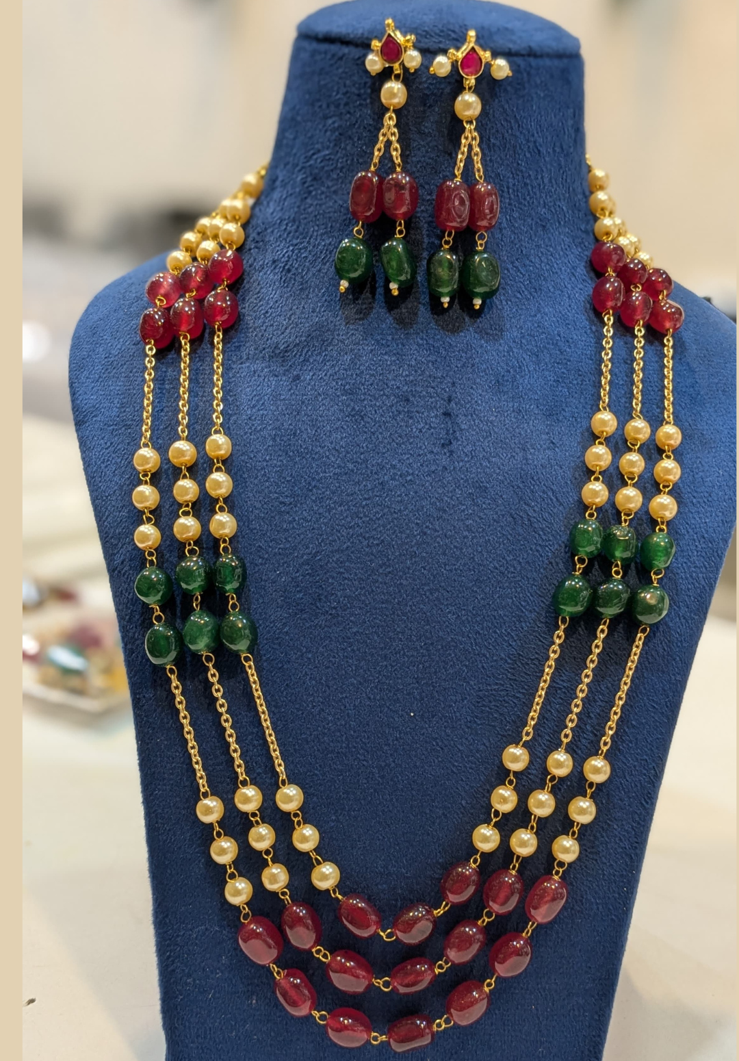 14 Triple Layer Gold Chain and Pink/Green Beaded Necklace Set - Image 1
