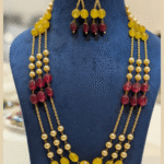 Triple Layer Gold Chain and Pink/Green Beaded Necklace Set