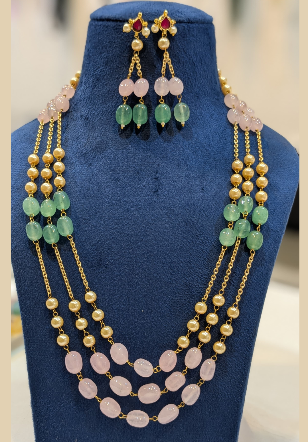 16 Triple Layer Gold Chain and Pink/Green Beaded Necklace Set - Image 1