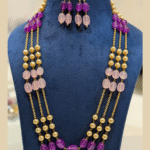 Triple Layer Gold Chain and Pink/Green Beaded Necklace Set