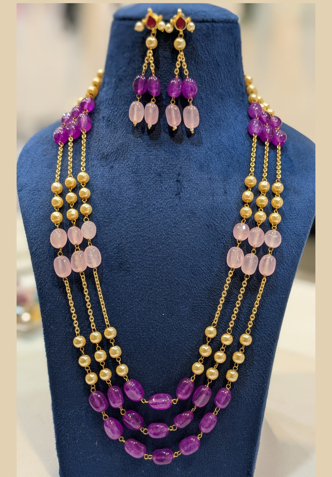 17 Triple Layer Gold Chain and Pink/Green Beaded Necklace Set - Image 1
