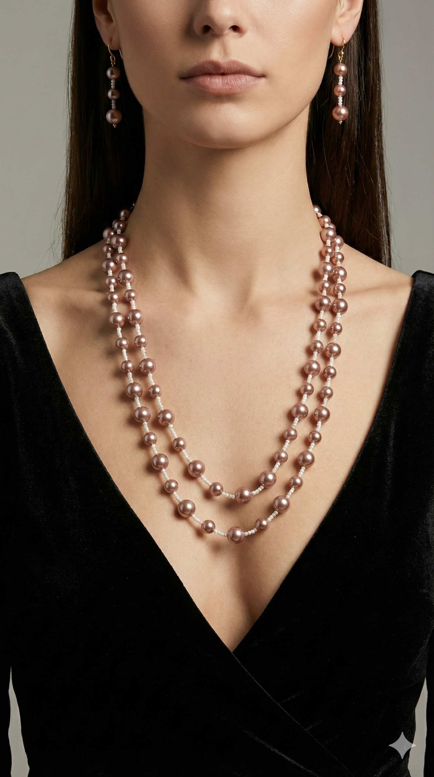 1766630072364 Metallic Mauve Double-Strand Pearl Necklace Set | Dusty Rose Beaded Mala | Evening Wear Jewelry with Triple Drop Earrings - Image 1
