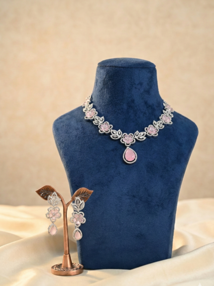 Pink American Diamond & Silver Floral Necklace Set