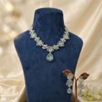 Mint Green American Diamond Necklace Set | Silver Plated Floral CZ Jewellery | Aqua Teardrop Bridal Choker | Party Wear Necklace