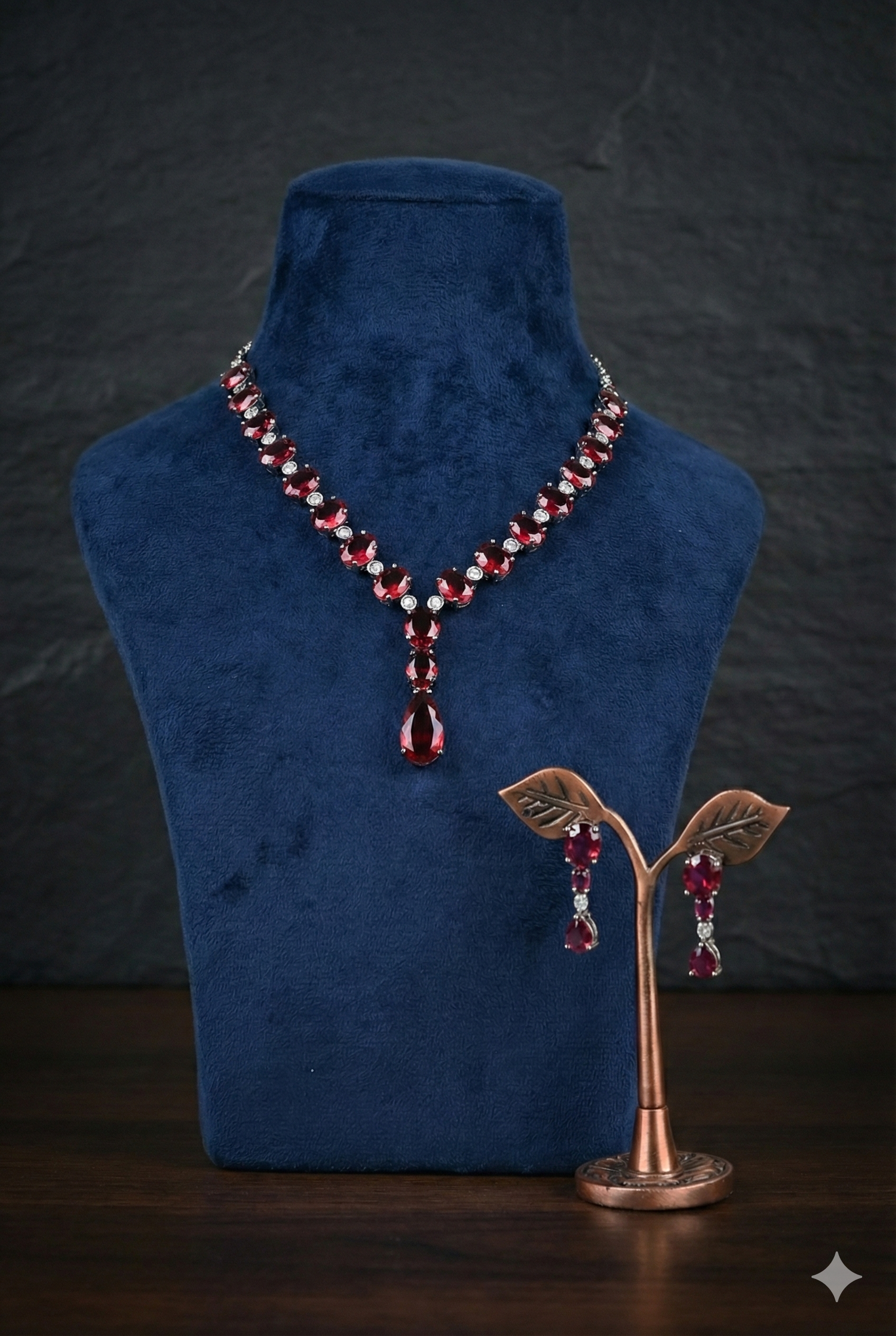 1766674872263 Radiant Ruby Red American Diamond Necklace Set with Pear Drop - Image 1