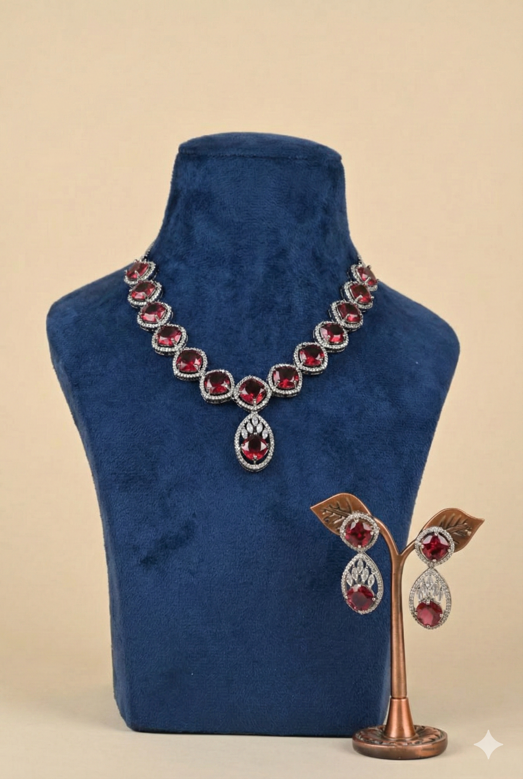 1766726514034 Royal Ruby Red & Diamond CZ Statement Necklace and Drop Earrings Set - Image 1