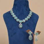 Mint Green American Diamond Halo Necklace Set with Matching Drop Earrings