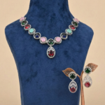 Multicolor Cubic Zirconia Geometric Halo Necklace Set with Matching Drop Earrings – Silver Tone