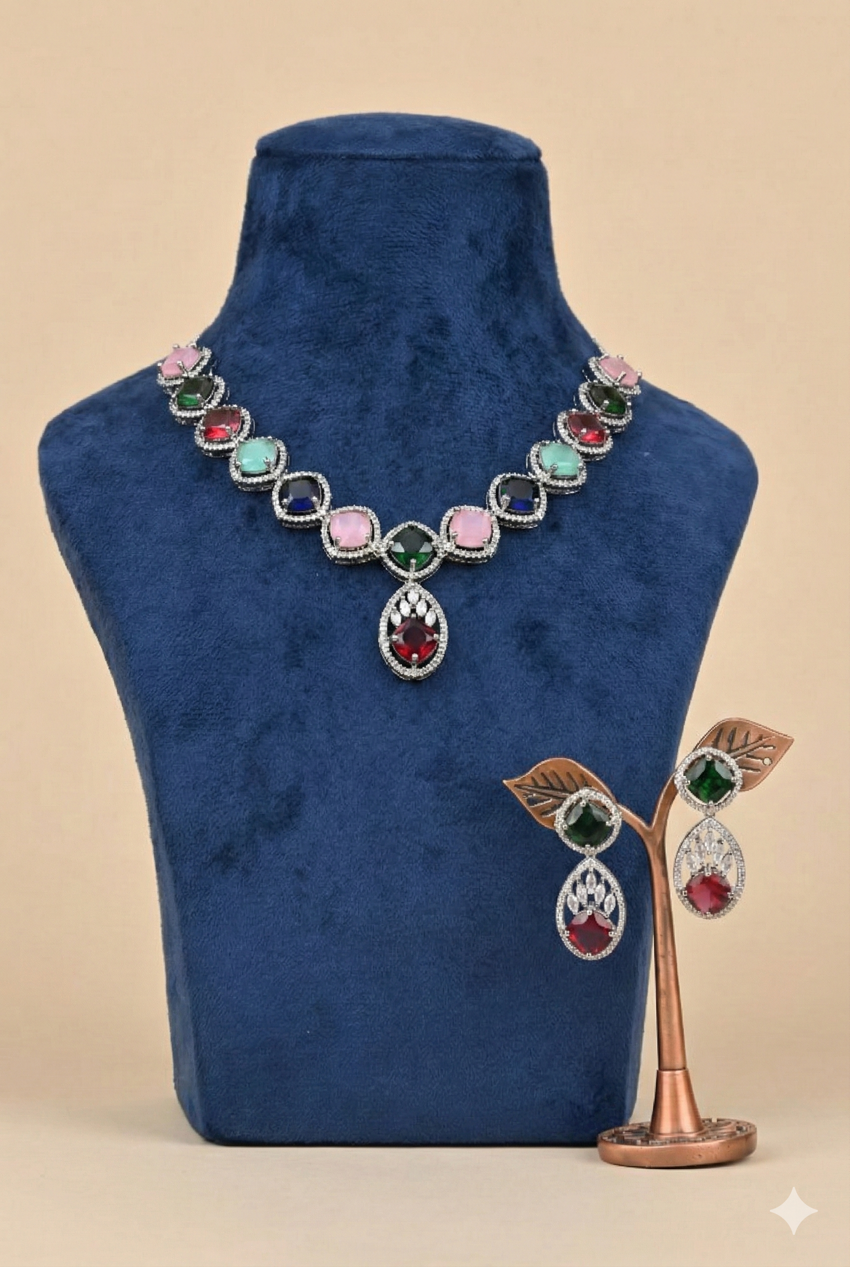 1766747472082 Multicolor Cubic Zirconia Geometric Halo Necklace Set with Matching Drop Earrings – Silver Tone - Image 1