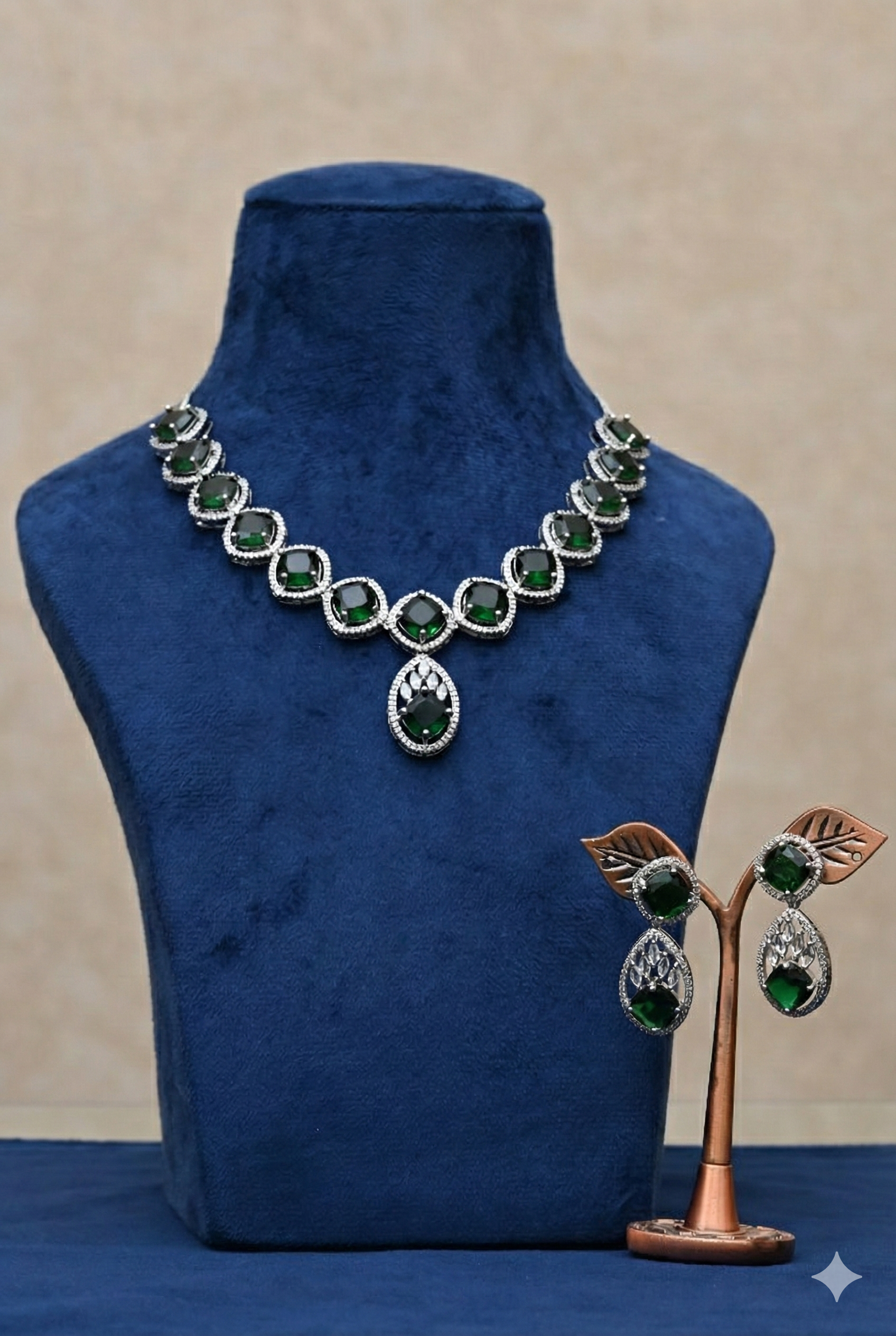 1766749484989 Emerald Green Cubic Zirconia Statement Necklace Set with Matching Drop Earrings - Image 1