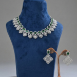Emerald Green & Silver American Diamond Geometric Choker Set with Matching Earrings