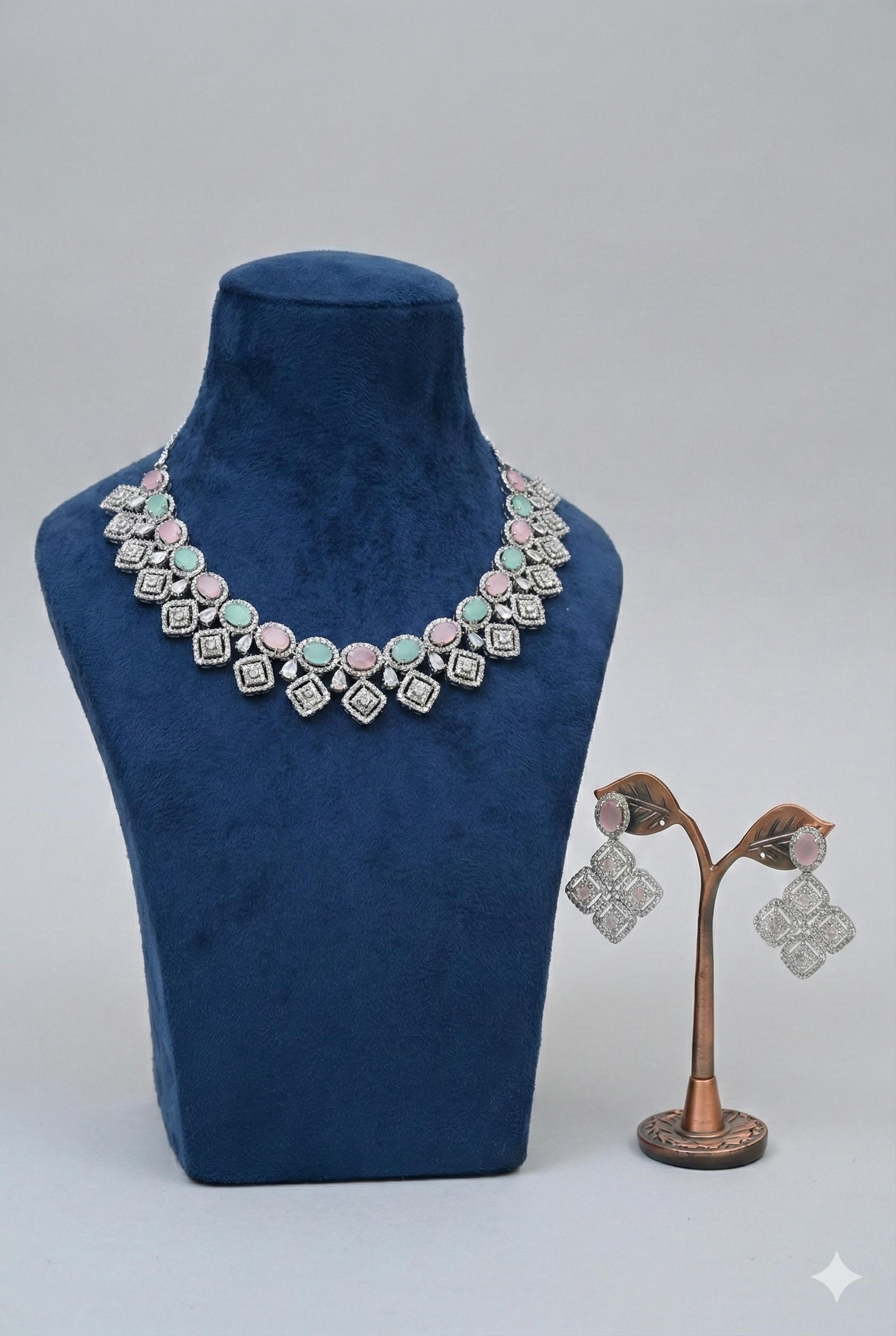 1766760113789 Mint Green & Blush Pink Pastel American Diamond Necklace Set - Image 1