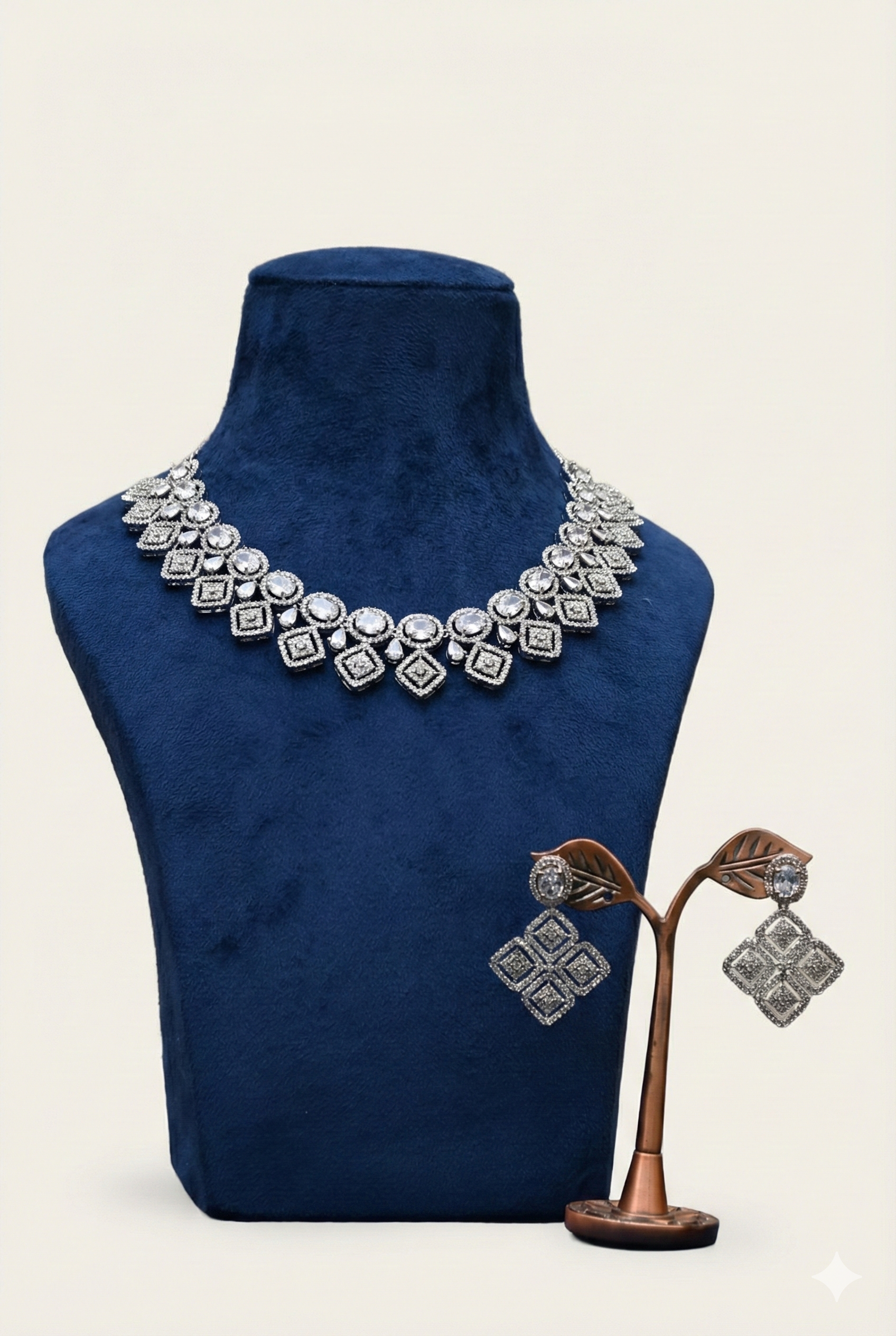 1766762510316 American Diamond Geometric Choker Necklace Set | Silver Tone CZ Crystal Bridal Jewelry | Rhombus Drop Earrings - Image 1