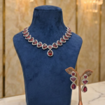 Pear-Cut Ruby Red Crystal Statement Necklace Set with Halo Drop Earrings - Silver Tone