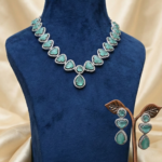 Mint Green American Diamond (AD) Statement Necklace Set – Silver Plated Teardrop Jewelry