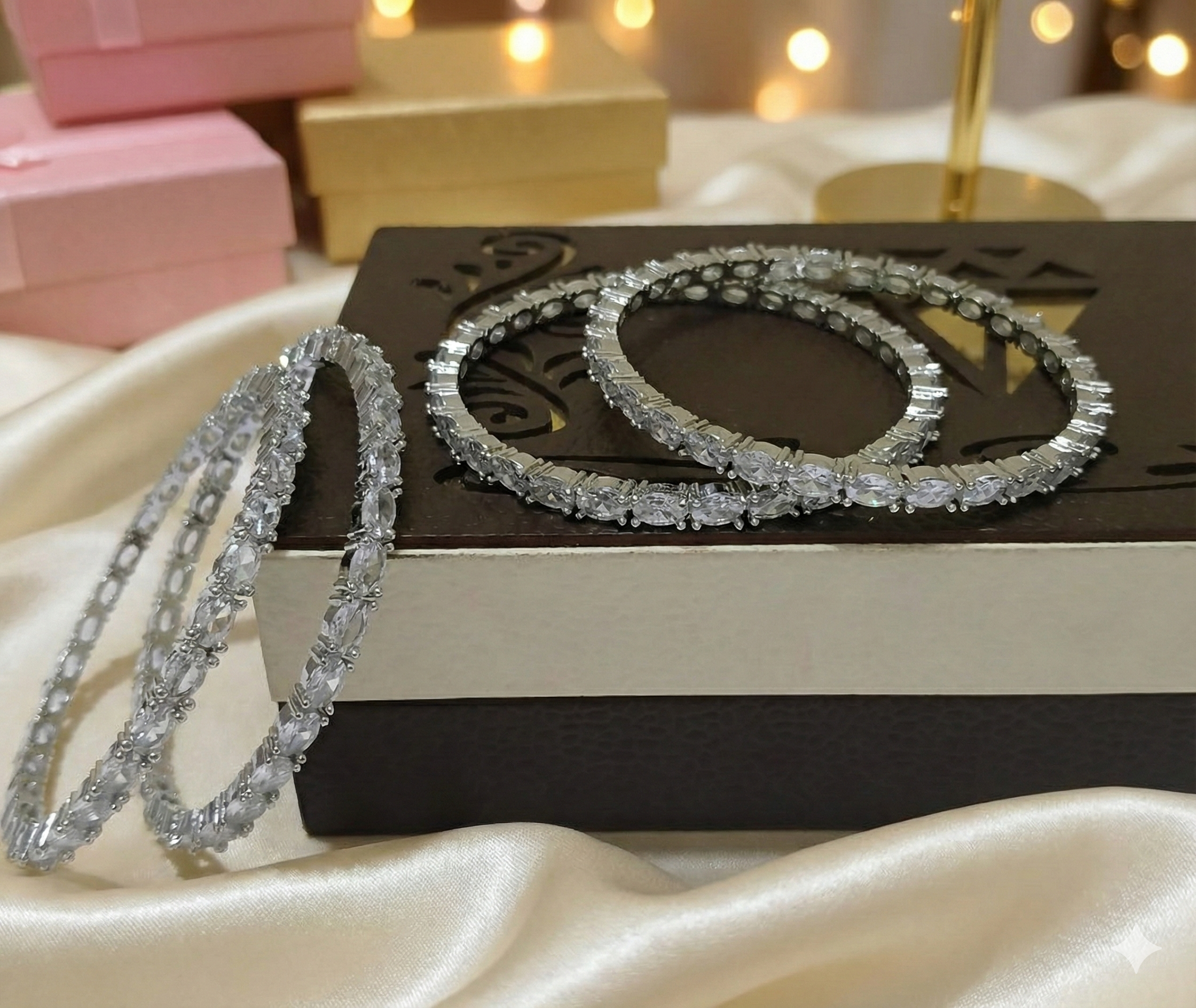 1766909259048 Oval-Cut American Diamond Bangle Set - Rhodium Plated - Image 1