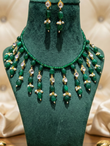 Traditional Green Choker Necklace with Kundan & Pearl Accents | Ethnic Jewelry Set