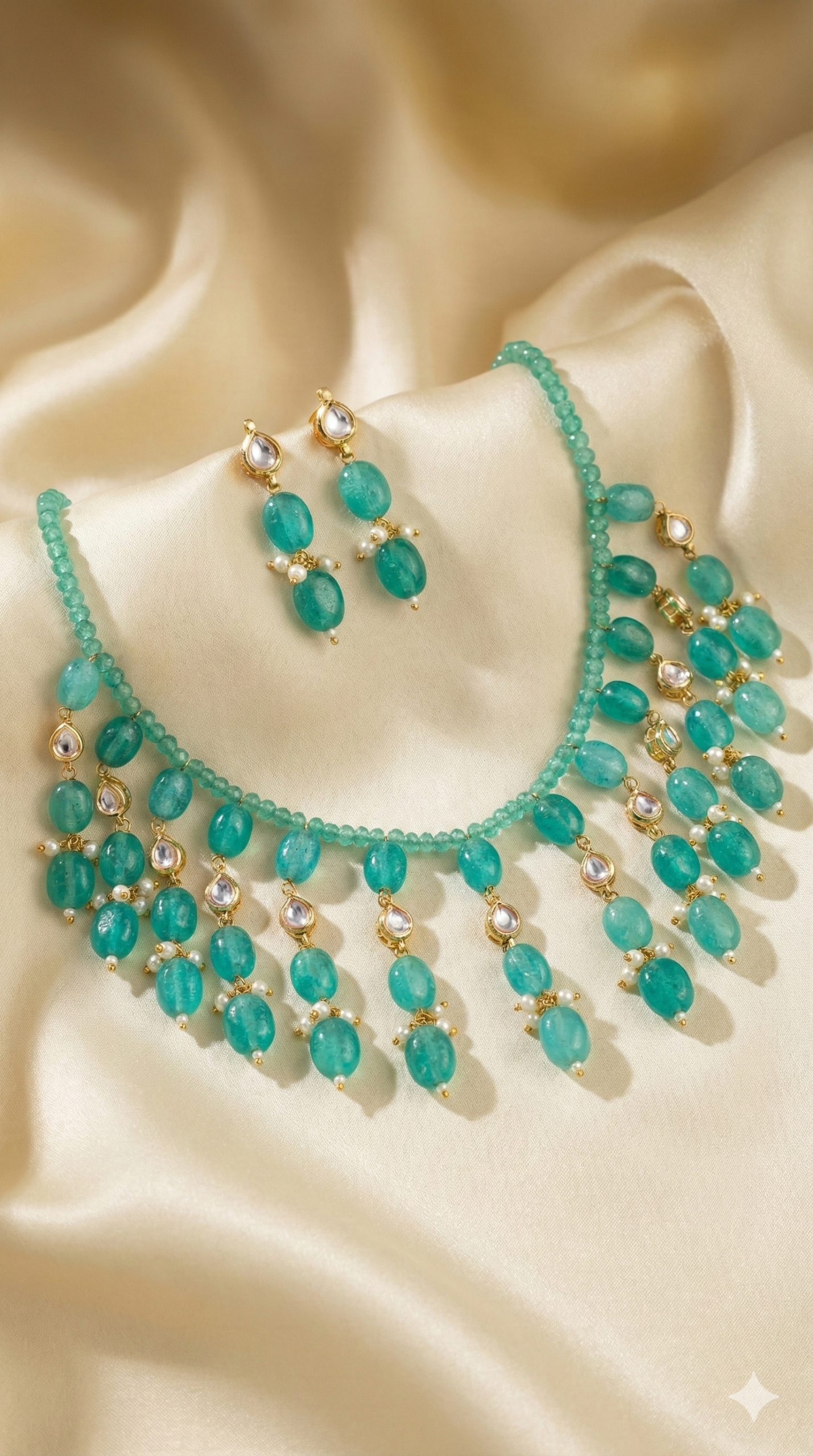 1766982941509 Teal Blue Beaded Kundan Choker Necklace Set with Drop Earrings - Image 1