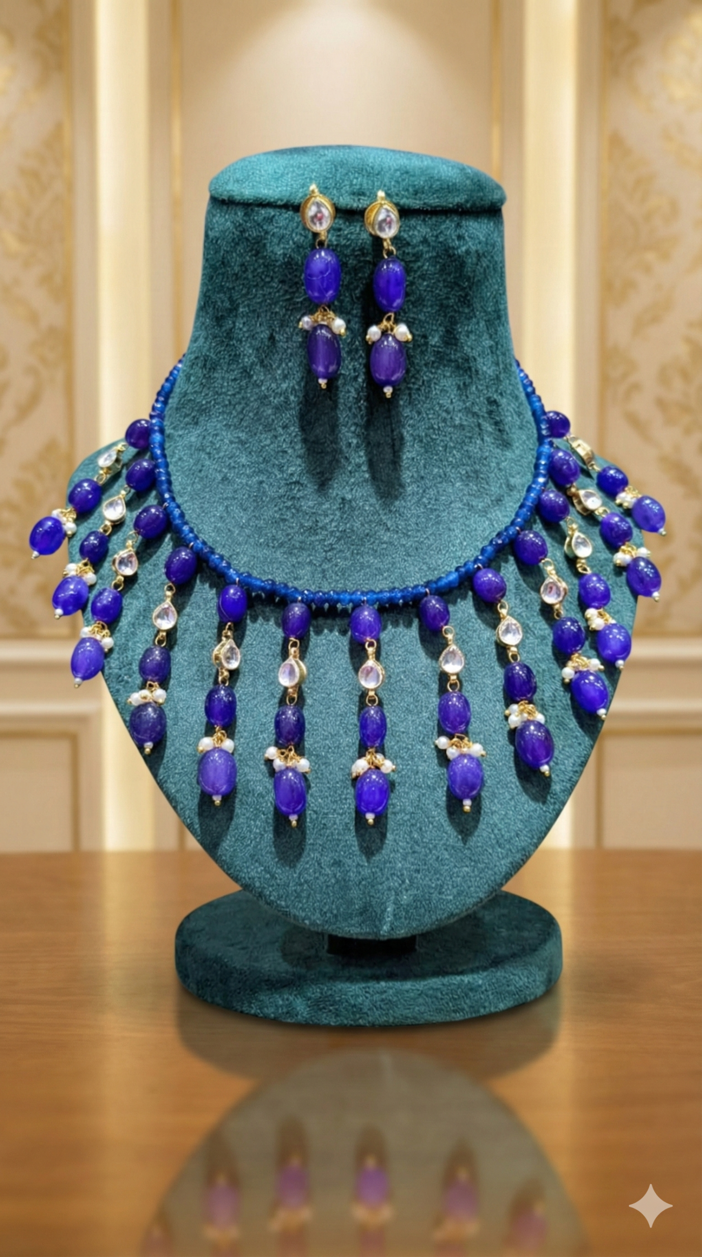 1766983570075 Royal Blue Agate & Kundan Style Choker Necklace Set - Image 1