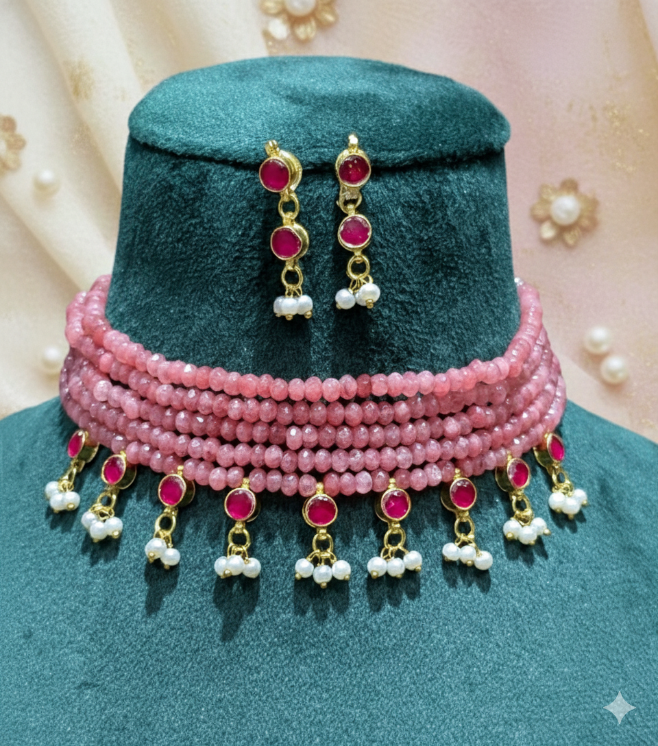 1767171144571 Rose Pink Beaded Choker Set with Ruby Red Accents and Pearl Droplets - Image 1