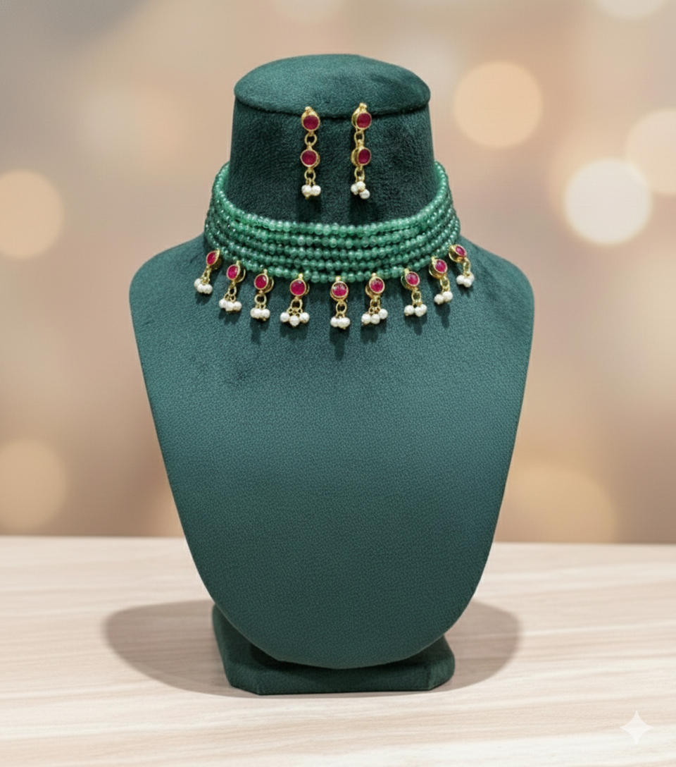 1767174881424 Traditional Emerald Green Choker Set – Pearl Accents & Ruby Red Highlights - Image 1