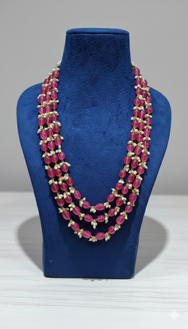 1767189214176 3-Layer Ruby Pink Bead & Seed Pearl Festive Necklace - Image 1