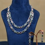 Multicolor American Diamond (AD) Long Necklace Set | Silver Finish Rainbow Crystal Jewelry | Contemporary Cocktail Party Necklace with Drop Earrings
