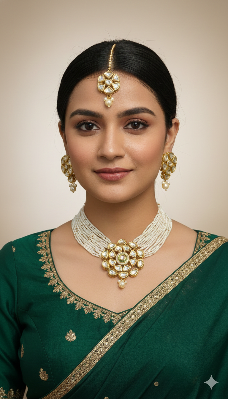 Gemini_Generated_Image_k5766nk5766nk576 Regal Kundan & Pearl Multi-Strand Choker Set with Matching Maang Tikka and Earrings - Image 1